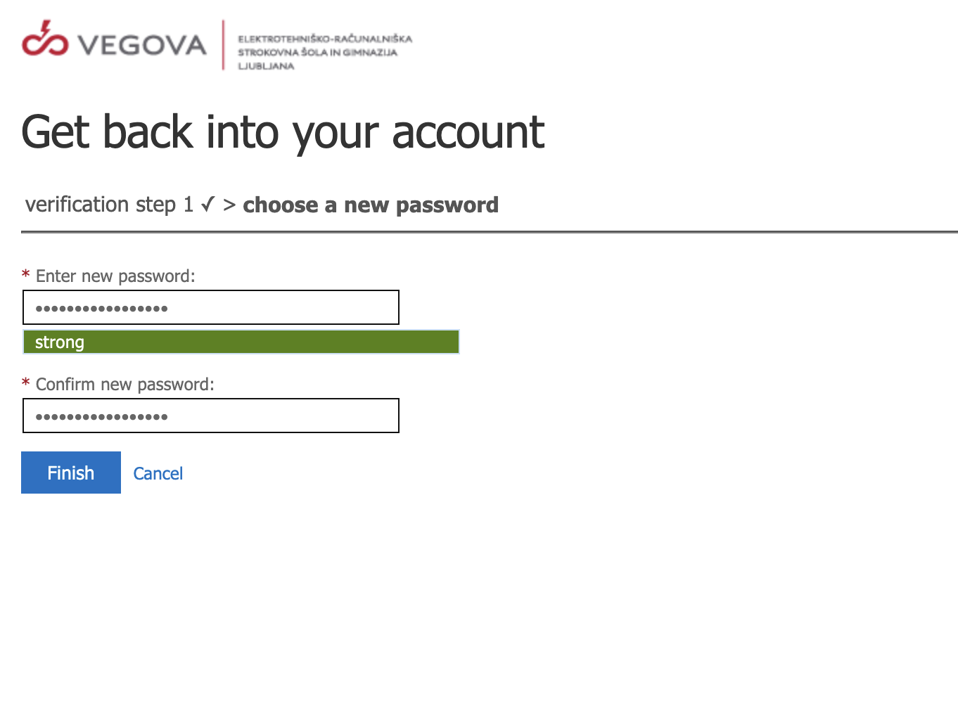 vnosno polje za vpis novega gesla