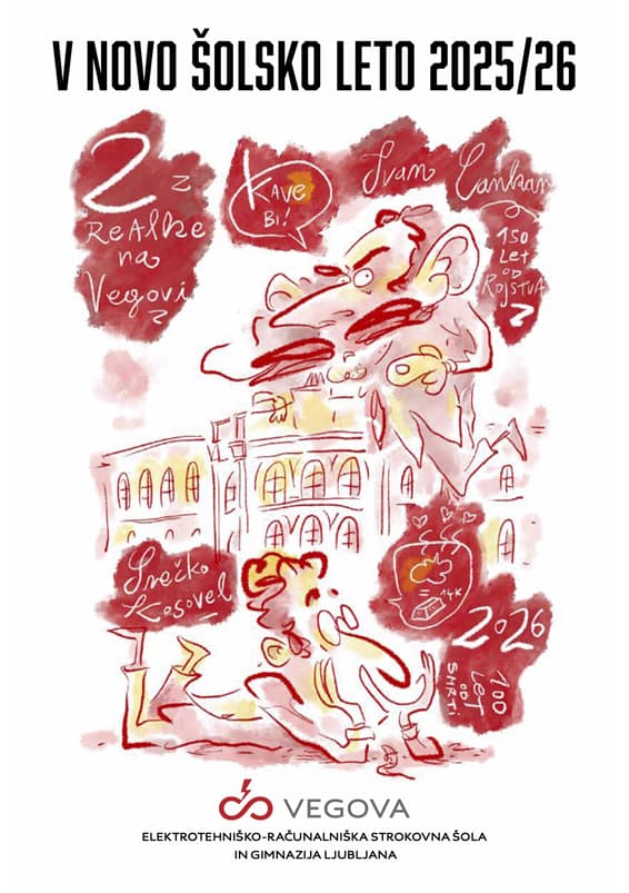grafična upodobitev šolskega poslopja s karikaturama Ivana Cankarja in Srečka Kosovela
