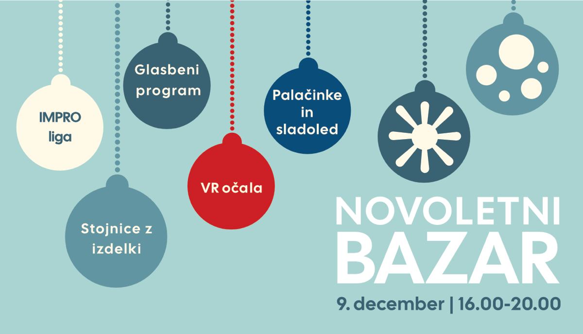Okrasna pasica z vabilom na Novoletni bazar, 9. decembra od 16 ure do 20 ure. V ozadju visijo risani novoletni okraski, vsak s svojim napisom. Na beli IMPRO liga, na svetlo modri Stojnice z idelki, na modri Glasbeni program, na temno modri Palačinke in sladoled, na rdeči napis VR očala.